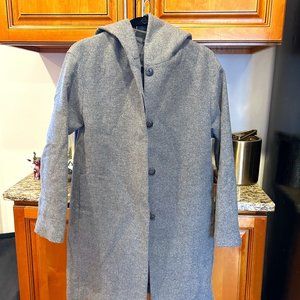 Hooded grey wool-blend coat